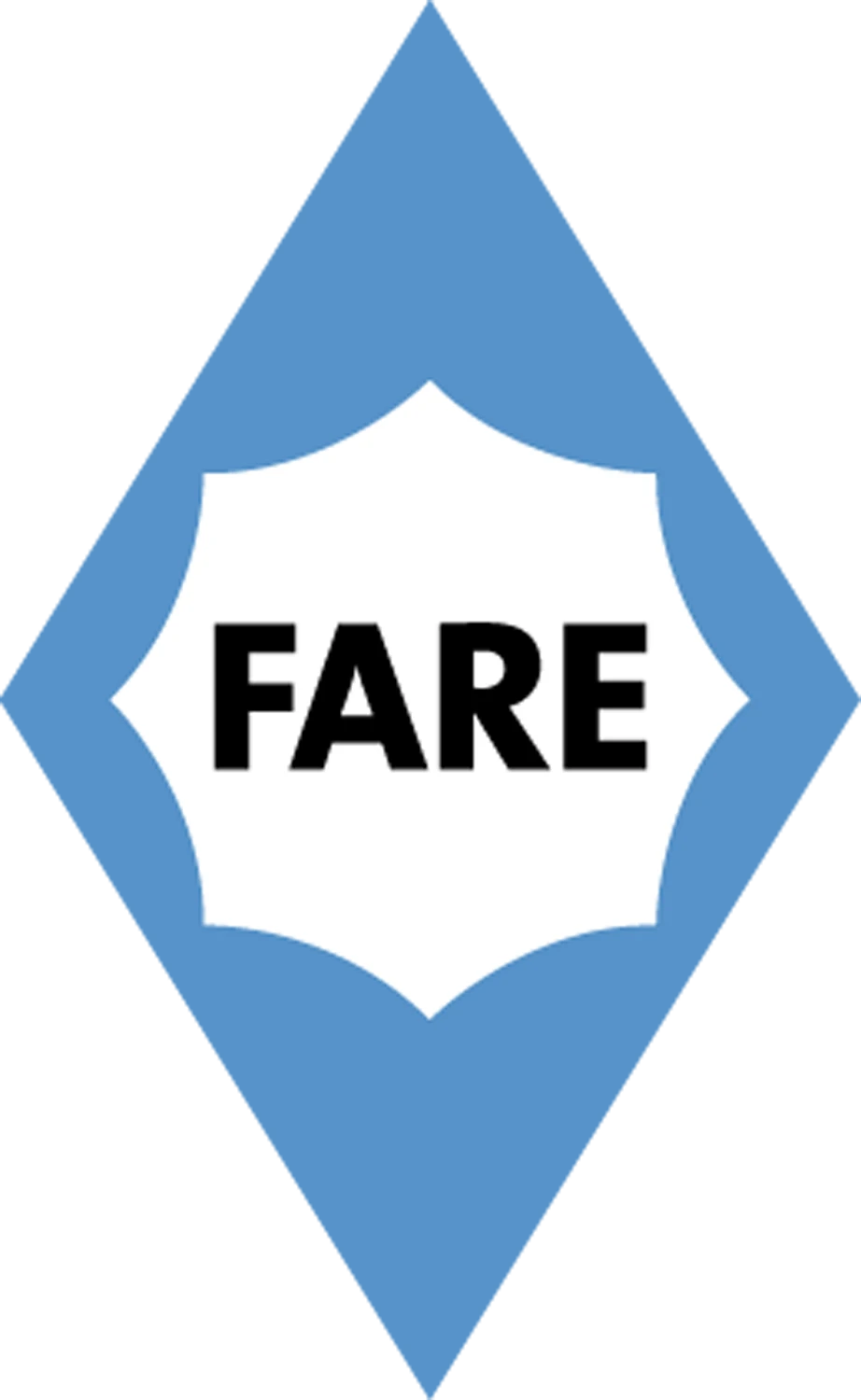 Logo mit dem Text FARE in einem blauen, diamantförmigen Rahmen.
