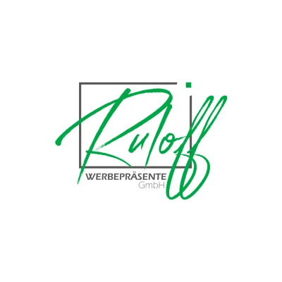 Logo für Werbepräsente GmbH in grünem Kursivschriftzug innerhalb eines grauen Rechtecks.